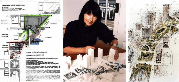 Left: Image from the Freeway Air Rights Master Plan. Center: Designer Angela Danadjieva and a model of Freeway Park expansions. Right: Sketch of Freeway Park expansions. (University of Washington, College of Built Environments Visual Resources Collection)