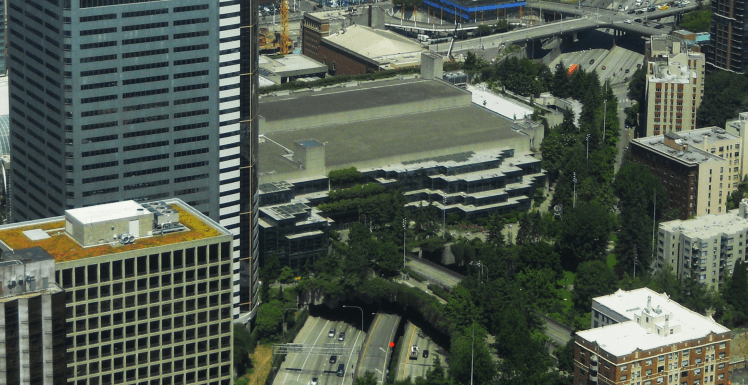 The original facility of the Washington State Convention Center and its associated extensions of Freeway Park, looking north. (Photo: Scott Bonjukian)
