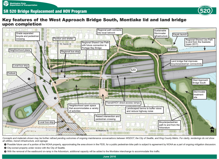 Concept plan for the Montlake lid, land bridge, and other nearby improvements. (Washington State Department of Transportation)