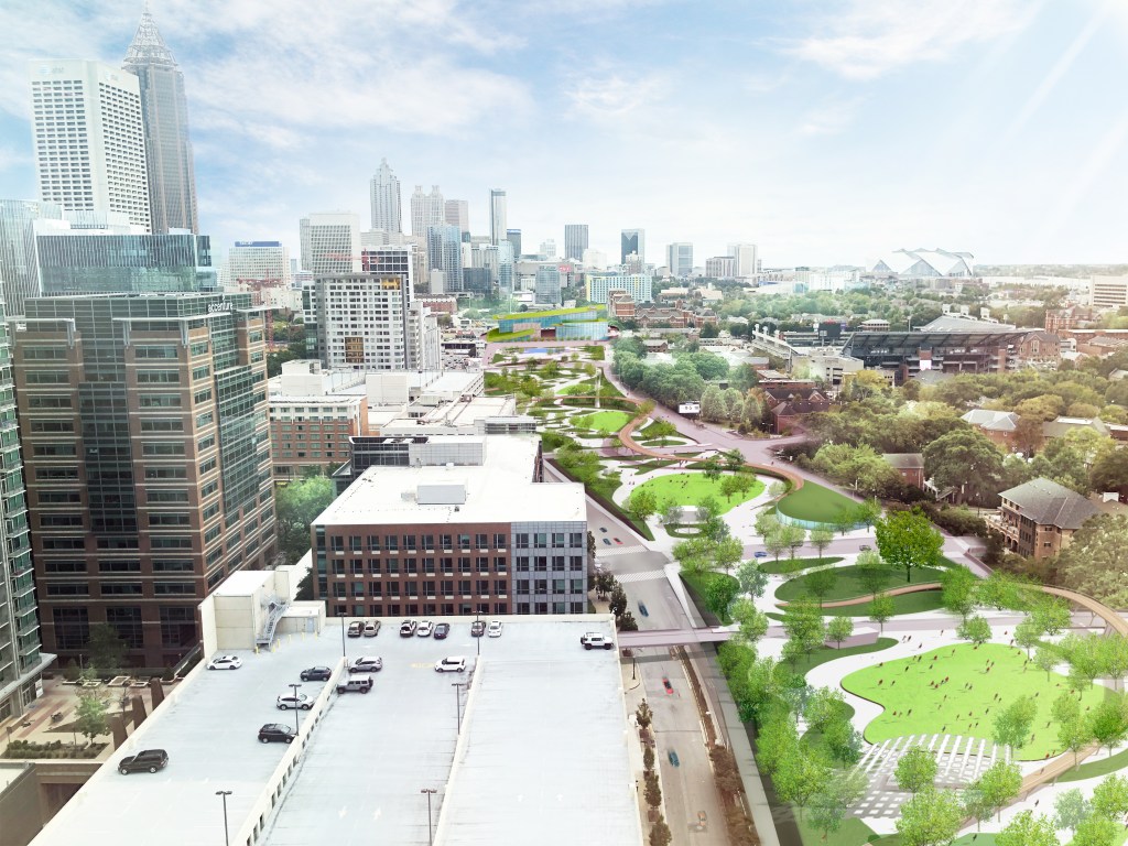 Aerial view south of the proposed Midtown Connector. Image courtesy of MCP Foundation/Olin Studio.